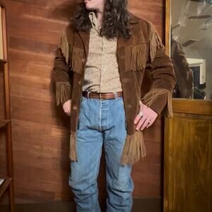 VINTAGE 70s Sears Boho Fringe Leather Jacket Size 40 Western Cowboy Suede